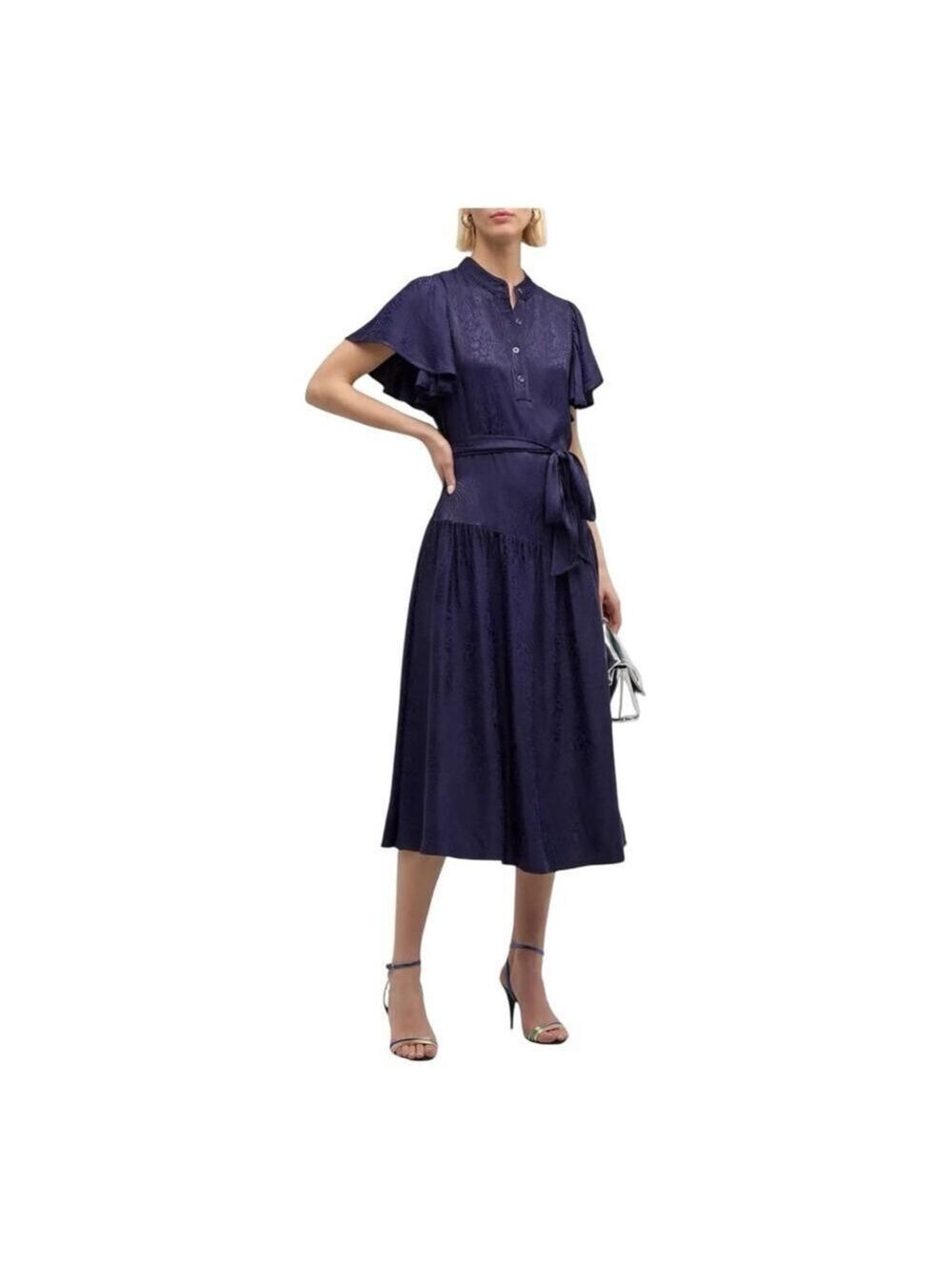 Women's Shoshanna Navy Jacquard Ruffle Sleeve Belted Midi Dress Size 6